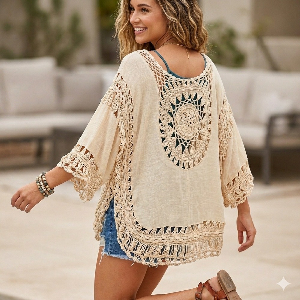 Rebellion Again Crochet Top Womens M Beige Boho Gypsy Medallion Fringe Poncho